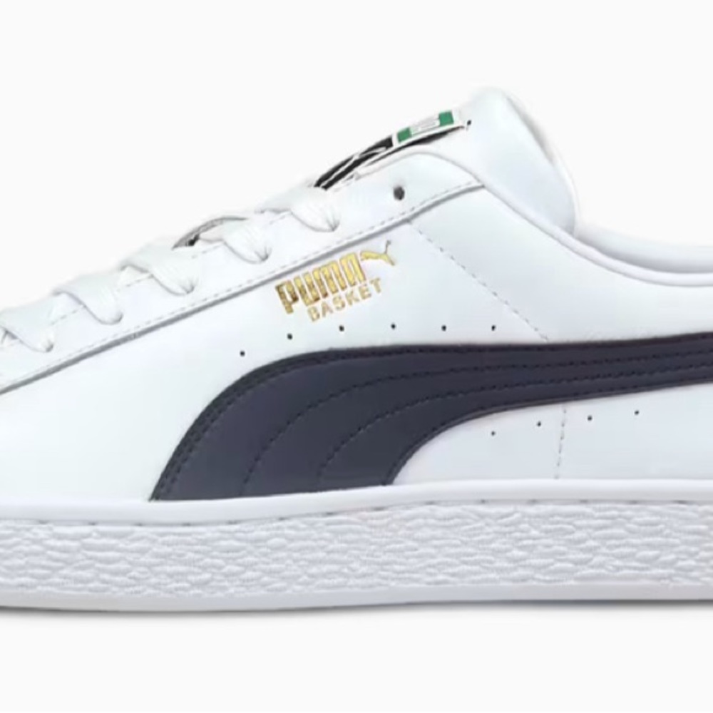 Men’s Puma White Leather Basket Classic Sneakers with Blue size 10.5